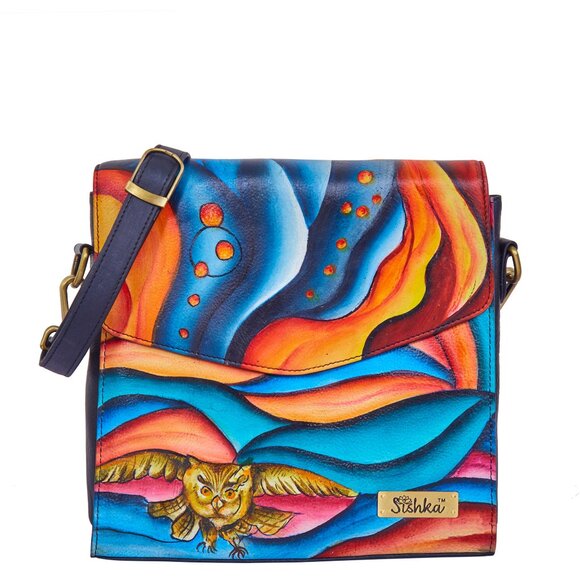 Women's Hand Painted Abstract Artwork Leather Flap-Over Crossbody Sling Bag - Picture 1 of 7